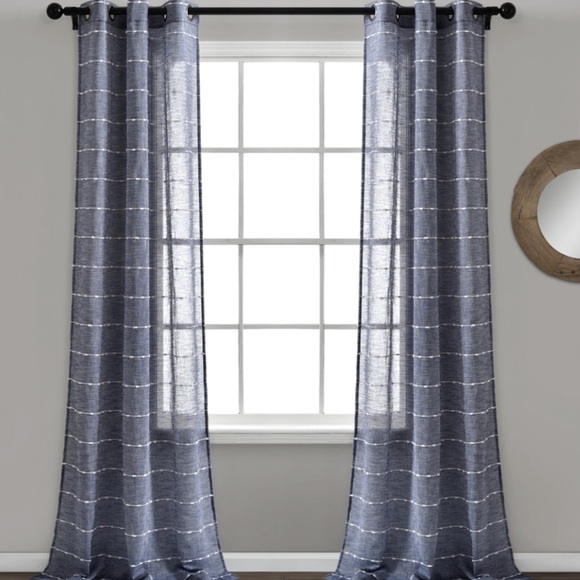 New! Lush decor Blue white stripe Farmhouse Curtain Panel with grommets 1 pair - Picture 1 of 5